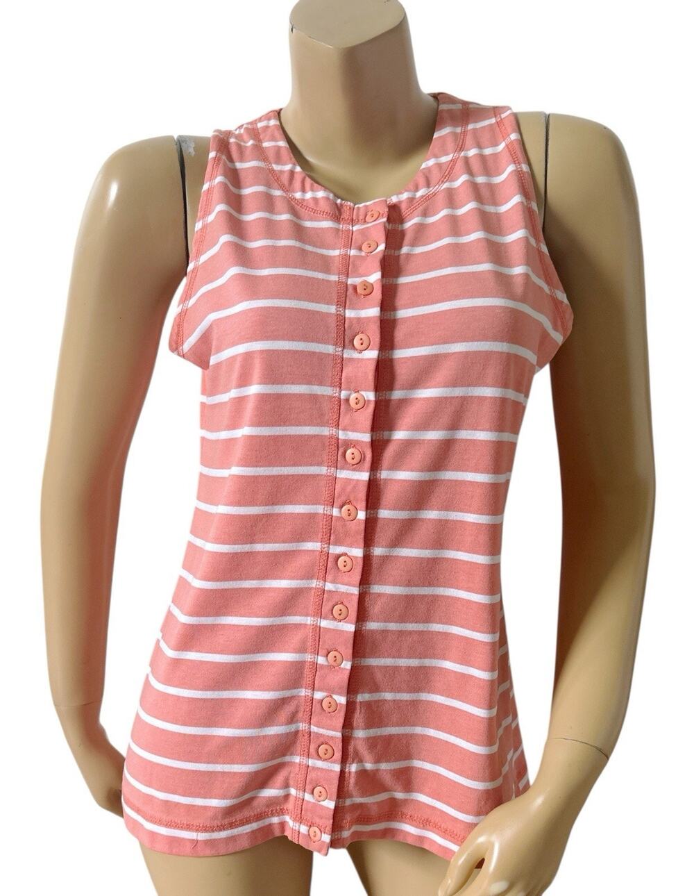 Jordache Top Womens M Vintage Coral White Striped Button Front Sleeveless Shirt - Picture 2 of 7